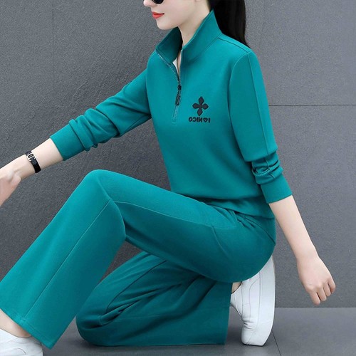 Casual Sportswear Cotton Two Piece Women Tracksuit - Green image
