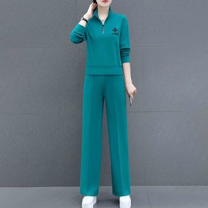 Casual Sportwear Cotton Two Piece Women Tracksuit - Green