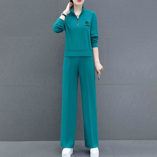 Casual Sportwear Cotton Two Piece Women Tracksuit - Green image