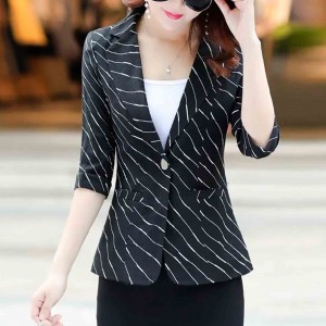 Lines Printed One Button Formal Style Women Coat - Black