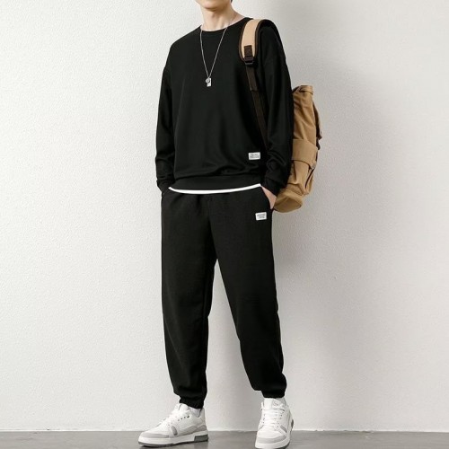 Men's Waffle Tracksuit For Spring & Autumn (2Pcs) Black image