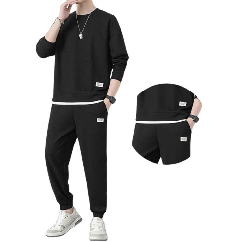 Men's Waffle Tracksuit For Spring & Autumn (2Pcs) Black image