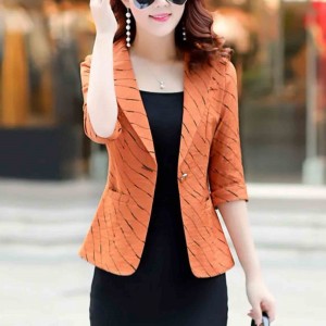 Lines Printed One Button Formal Style Women Coat - Orange