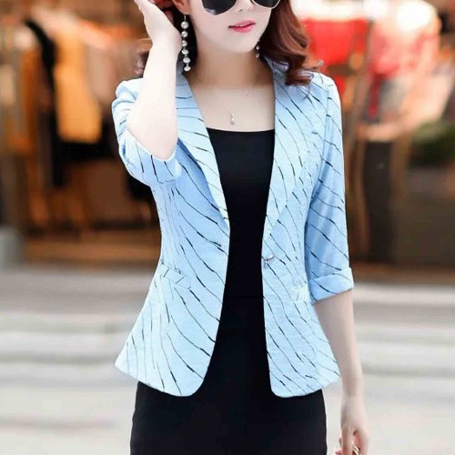 Lines Printed One Button Formal Style Women Coat - Light Blue image