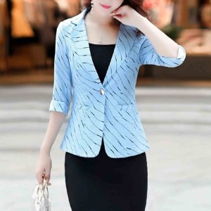 Lines Printed One Button Formal Style Women Coat - Light Blue