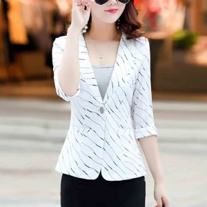 Lines Printed One Button Formal Style Women Coat - White
