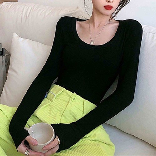 Long Sleeve Slim Fit Scoop Neck Women's Sweater - Black image