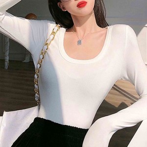 Long Sleeve Slim Fit Scoop Neck Women's Sweater - White