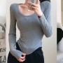 Long Sleeve Slim Fit Scoop Neck Women's Sweater - Grey