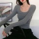 Long Sleeve Slim Fit Scoop Neck Women's Sweater - Grey image