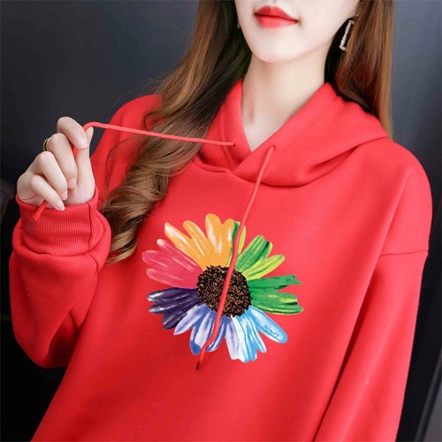 Urban Style Long Sleeve Sunflower Printed Drawstring Women Hoodie - Red image