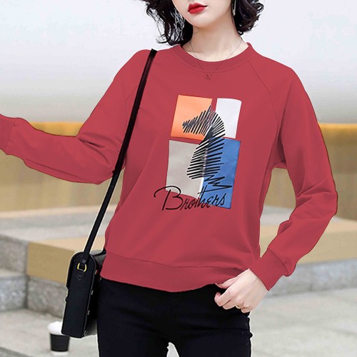 Cotton Long Sleeve Trendy Women Sweater - Red image