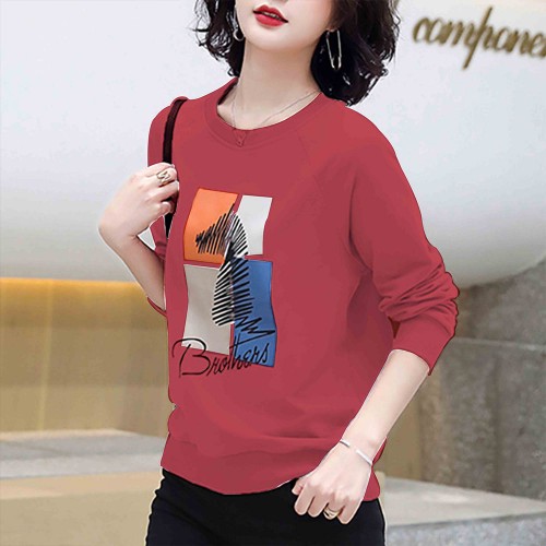 Cotton Long Sleeve Trendy Women Sweater - Red image