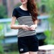 Two Piece Sports Stripes Printed Short Sleeve Women Sportswear - Black image