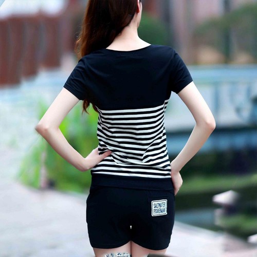 Two Piece Sports Stripes Printed Short Sleeve Women Sportswear - Black image