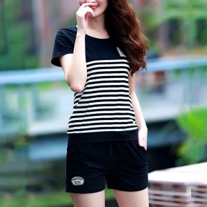 Two Piece Sports Stripes Printed Short Sleeve Women Sportswear - Black