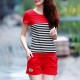 Two Piece Sports Stripes Printed Short Sleeve Women Sportswear - Red image
