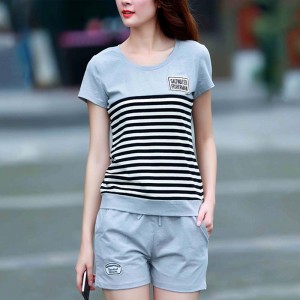 Two Piece Sports Stripes Printed Short Sleeve Women Sportswear - Grey