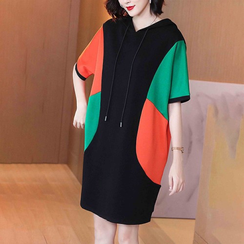 Short Sleeve Mid Length Drawstring Color Block Hoodie - Black image