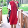 Short Sleeve Mid Length Drawstring Color Block Hoodie - Red
