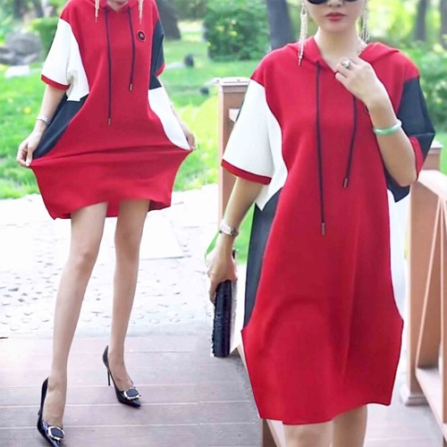 Short Sleeve Mid Length Drawstring Color Block Hoodie - Red image