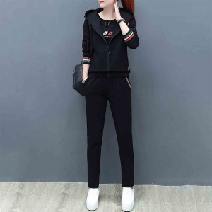 Casual Style Zipper Closure Women Hooded Tracksuit - Black