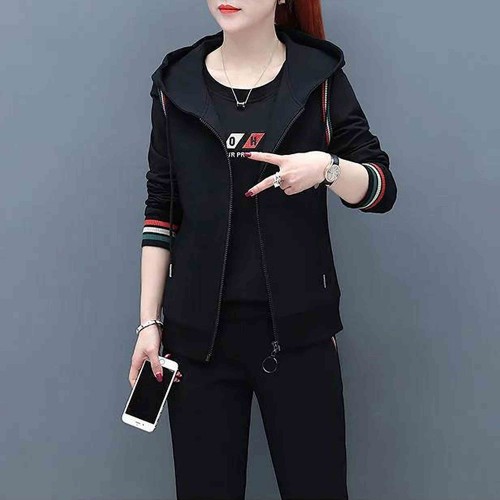 Casual Style Zipper Closure Women Hooded Tracksuit - Black image