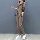Casual Style Zipper Closure Women Hooded Tracksuit- Beige image