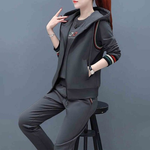 Casual Style Zipper Closure Women Hooded Tracksuit - Grey image