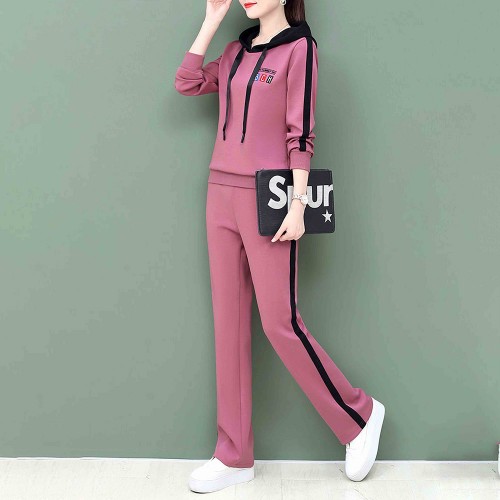 Sports Long Sleeve Drawstring Hooded Tracksuit - Pink image