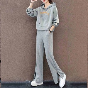 Casual Style Drawstring Cotton Fabric Hooded Tracksuit - Grey