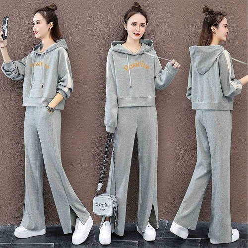 Casual Style Drawstring Cotton Fabric Hooded Tracksuit - Grey image