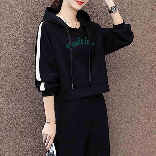 Casual Style Drawstring Cotton Fabric Hooded Tracksuit - Black image