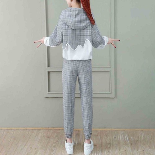 Drawstring Casual Style Hooded Women Tracksuit - Grey image