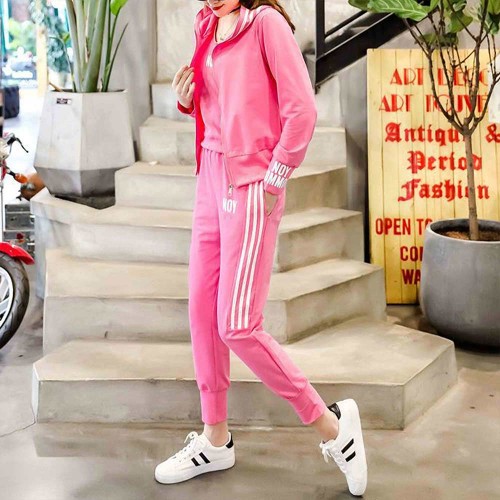 Sports Long Sleeve Alphabet Printing Three Piece Hooded Tracksuit - Pink image