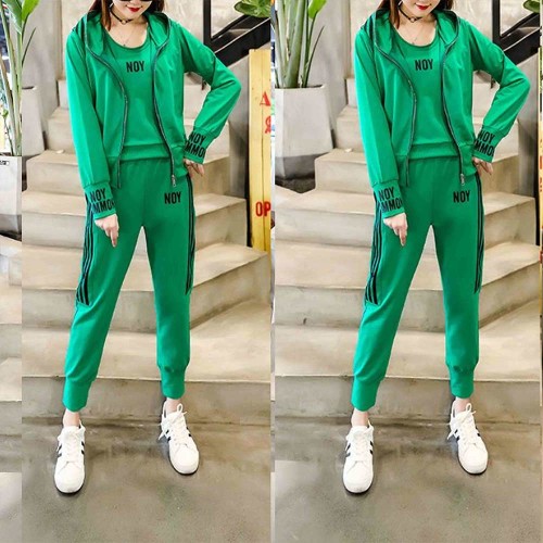 Sports Long Sleeve Alphabet Printing Three Piece Hooded Tracksuit - Green image