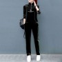 Sports Style Velvet Zip Closing High Neck Casual Tracksuit - Black
