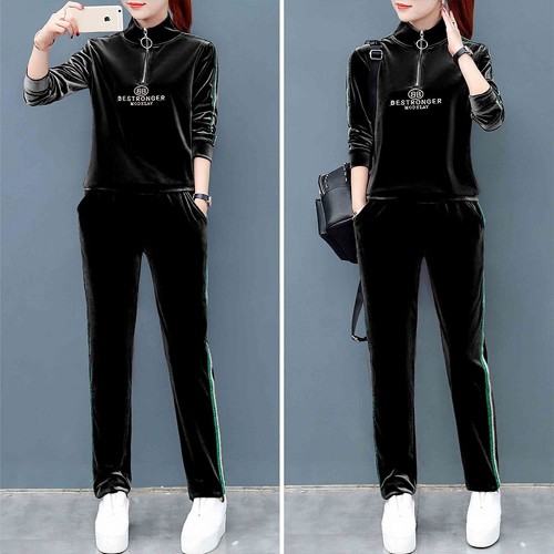 Sports Style Velvet Zip Closing High Neck Casual Tracksuit - Black image
