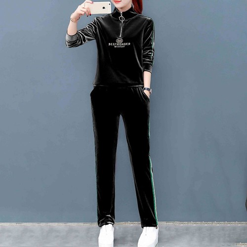 Sports Style Velvet Zip Closing High Neck Casual Tracksuit - Black image
