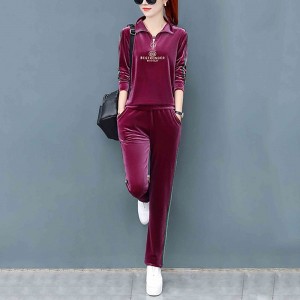 Sports Style Velvet Zip Closing High Neck Casual Tracksuit - Red