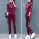 Sports Style Velvet Zip Closing High Neck Casual Tracksuit - Red image