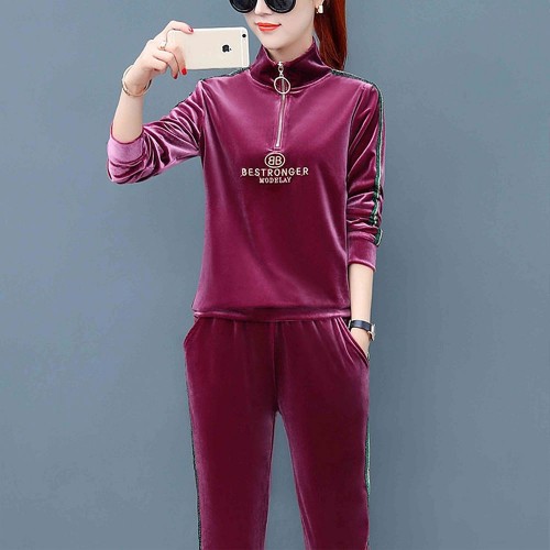 Sports Style Velvet Zip Closing High Neck Casual Tracksuit - Red image