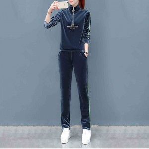 Sports Style Velvet Zip Closing High Neck Casual Tracksuit - Blue