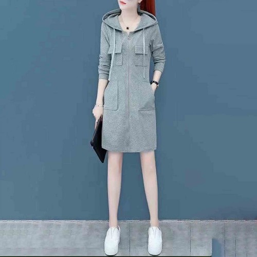 Elegant Style Mid Length Double Pocket Drawstring Hoodie - Grey image