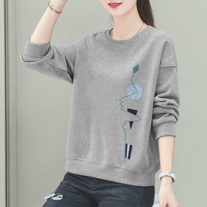 Retro Long Sleeve Cotton Fabric Round Neck Women Sweater - Grey