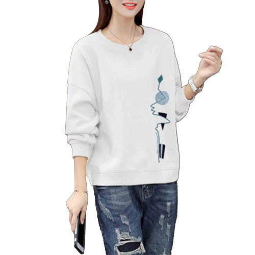Retro Long Sleeve Cotton Fabric Round Neck Women Sweater - White image