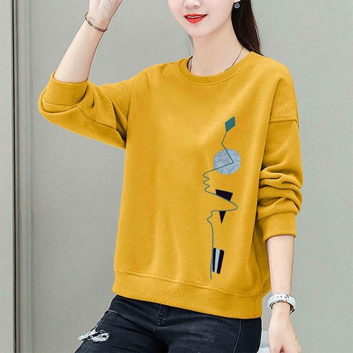 Retro Long Sleeve Cotton Fabric Round Neck Women Sweater - Yellow image