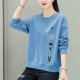 Retro Long Sleeve Cotton Fabric Round Neck Women Sweater - Blue