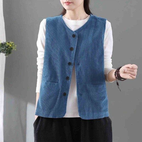 Double Pocket Shoulder Vest Button Closure Corduroy Coat - Blue image