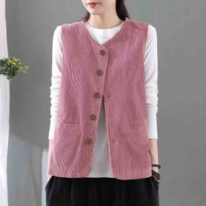 Double Pocket Shoulder Vest Button Closure Corduroy Coat - Pink